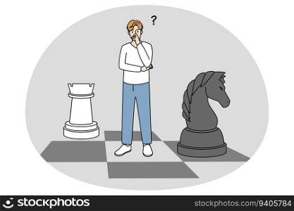Businessman standing on chessboard thinking of next step. Confused man brainstorm consider business risk or challenge. Dilemma and decision making. Vector illustration.. Businessman on chessboard thinking