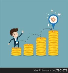Businessman standing on coin step and pointing to target. Vector cartoon for profit, target, goal, or growth of business concept&#xA;&#xA;&#xA;