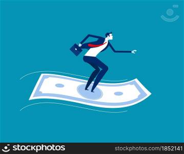 Businessman standing on flying money. Financial concept