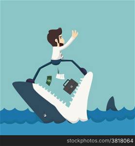 Businessman standing on Jaws of shark , eps10 vector format