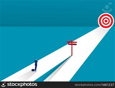 Businessman standing on middle way and choosing direction. Business concept. Modern vector illustration. Direction