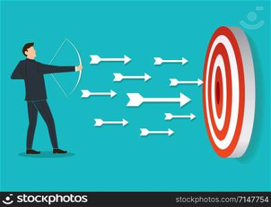 businessman standing on target archery with many arrows vector