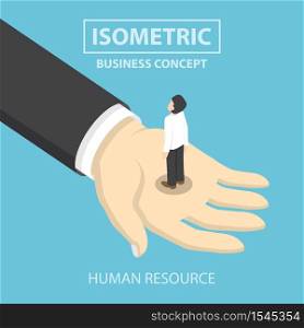 Businessman standing on the big hand, Flat 3d web isometric design, VECTOR, EPS10