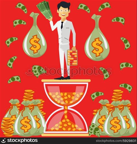 Businessman standing on the hourglass. Smiling businessman standing on the hourglass in which coin holding dollars near bags of money. Winnings in lottery. Time is money concept. Flying around dollar notes cartoon red flat design style