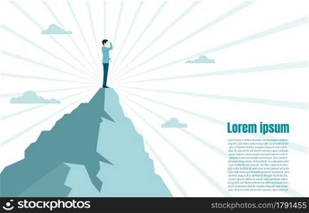 Businessman standing on the top mountain and looking at the success, Employee looking for a way to his goal, Business concept challenge and the goal. Vector illustration flat
