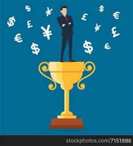 businessman standing on the trophy cup with money symbol icon vector, business concept illustration