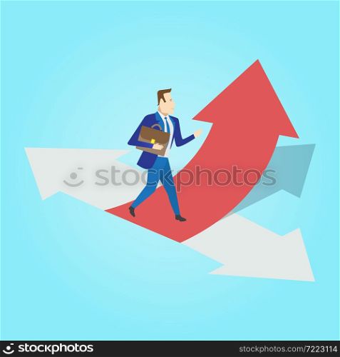 Businessman standing on three ways arrows for selection. Business way select concept. Vector illustration.. Businessman standing on three ways arrows for selection. Busines