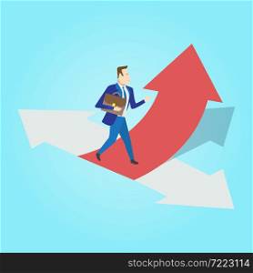Businessman standing on three ways arrows for selection. Business way select concept. Vector illustration.. Businessman standing on three ways arrows for selection. Busines