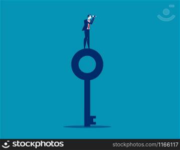 Businessman standing on top key and looking through telescope. Concept business vector illustration.
