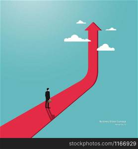 Businessman standing on top of a big arrow pointing up to the success goal. Business vision concept, Achievement, Career, Leadership, Vector illustration flat