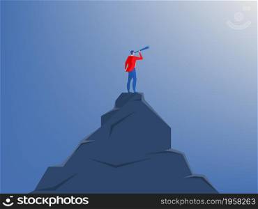 businessman standing on top of cliff with telescope.vision Strategy, planning,business concept