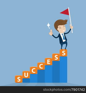 Businessman standing on top of cube lettering success stairway with flag of victory. Vector illustration for success concept&#xA;