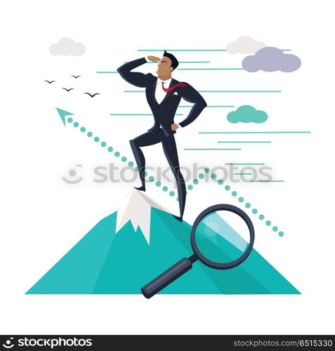 Businessman Standing on Top of Mountain. Businessman searching for promising opportunities. Successful young businessman standing on top of mountain and look into the distance. Business winner. Conceptual business idea, banner poster in flat