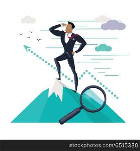 Businessman Standing on Top of Mountain. Businessman searching for promising opportunities. Successful young businessman standing on top of mountain and look into the distance. Business winner. Conceptual business idea, banner poster in flat