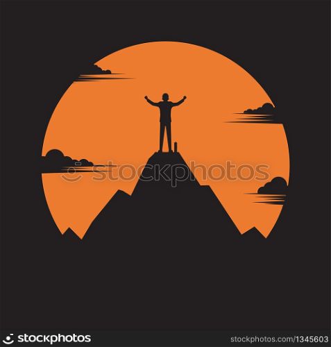 Businessman standing on top of the mountain, silhouette business, success concept, freedom, vector illustration flat style
