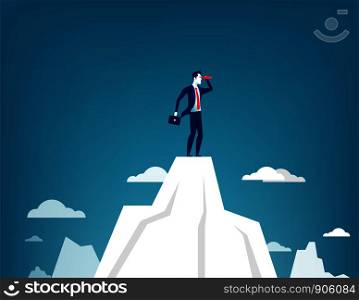 Businessman standing on top of the mountain using telescope looking for success. Concept business illustration. Vector flat