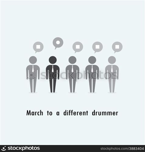 Businessman standing out from the crowd. Business idea. March to a different drummer concept. Vector illustration