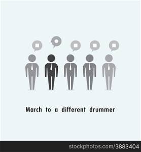 Businessman standing out from the crowd. Business idea. March to a different drummer concept. Vector illustration