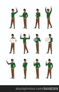 Businessman standing. People hands gestures pointing holding welcome guy in casual style clothes male thinking about business garish vector illustrations. Business people pose and gesture. Businessman standing. People hands gestures pointing holding welcome guy in casual style clothes male thinking about business garish vector illustrations