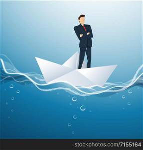 businessman standing with cross arms on a paper boat vector, business concept illustration