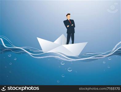 businessman standing with cross arms on a paper boat vector, business concept illustration