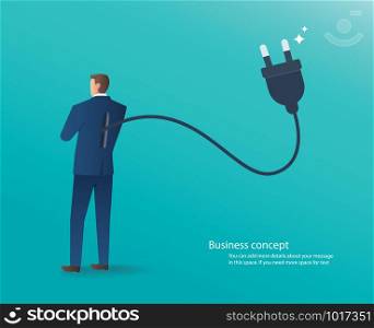 businessman standing with electrical plug on his back , connect idea vector illustration
