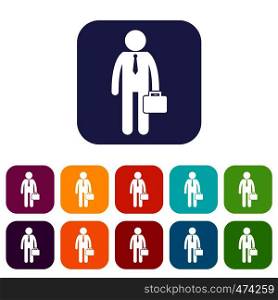 Businessman standing with his briefcase icons set vector illustration in flat style In colors red, blue, green and other. Businessman standing with his briefcase icons set