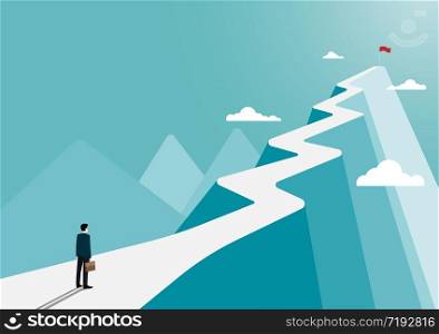 Businessman stands to look at the flag on top of the mountain, business finance concept, achievement, leadership, vector illustration flat style
