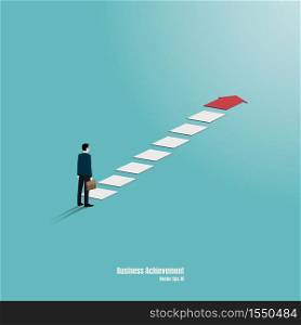 Businessman stands to look at to top of the graph. Business concept of goals, success, ambition, achievement, and challenges, arrow. vector illustration flat design