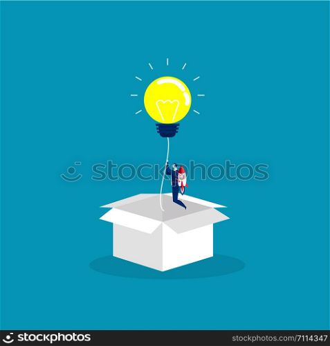 businessman start up with Light idea bulb ejected from cardboard box. Concept of startup, creative idea, leadership, business success or inspiration. Vector illustratio