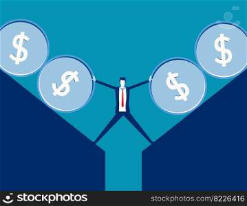 Businessman stop the coins flowing down. Financial falling