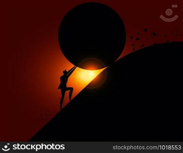 Businessman stopping a giant rolling rock. Concept business vector illustration.