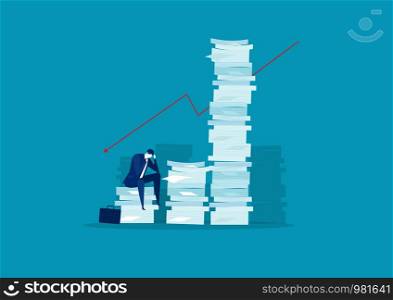 businessman stress and solution with very tall paper stack vs man on blue background