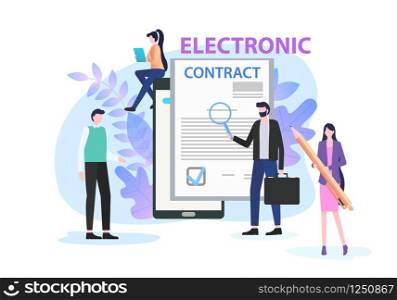 Businessman Study Electronic Contract with Magnifying Glass Vector Illustration. Woman with Pen Document Sign Digital Signature Concept. People Partnership Internet Employment Network Deal. Man Study Electronic Contract Magnifying Glass