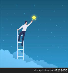 Businessman success. Cartoon man on ladder reaches stars on sky. Achieve goal and dream, leadership, opportunity and business career, professional growth. vector concept. Businessman success. Man on ladder reaches stars on sky. Achieve goal and dream, leadership, opportunity and business career vector concept