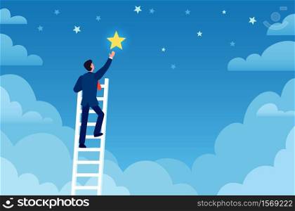 Businessman success. Man on ladder reaches stars on sky, achieve goals and dreams. Career up, leadership, creative flat vector concept. Employee climbing up night sky, successful career. Businessman success. Man on ladder reaches stars on sky, achieve goals and dreams. Career up, leadership, creative flat vector concept