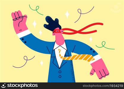 Businessman superhero and success concept. Young smiling businessman cartoon character wearing red mask on eyes and suit standing waving hand vector illustration . Businessman superhero and success concept