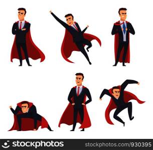Businessman superheroes. Office managers directors workers red cloak standing flying action poses superheroes vector characters. Illustration of businessman superhero, super man in costume. Businessman superheroes. Office managers directors workers red cloak standing flying action poses superheroes vector characters