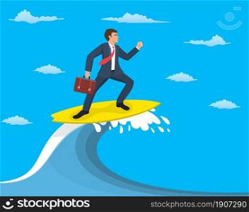 Businessman surfing on wave, Success Business concept. Vector illustration in flat style. Businessman surfing on wave, Business concept