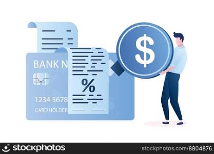 Businessman takes a bank loan,male character holding a coin,credit card and loan agreement on background,trendy style vector illustration