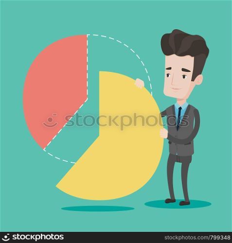 Businessman taking his part of financial pie chart. Young businessman in a suit getting his share of the profit. Businessman dividing in parts pie chart. Vector flat design illustration. Square layout. Businessman taking his share of the profits.