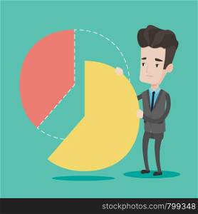 Businessman taking his part of financial pie chart. Young businessman in a suit getting his share of the profit. Businessman dividing in parts pie chart. Vector flat design illustration. Square layout. Businessman taking his share of the profits.