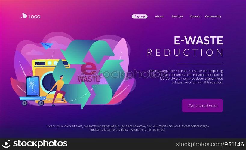 Businessman taking old smartphone in cart to electronic waste recycling. E-waste reduction, electronics trade-in programs, gadgets recycling concept.Website vibrant violet landing web page template.. E-waste reduction concept landing page.
