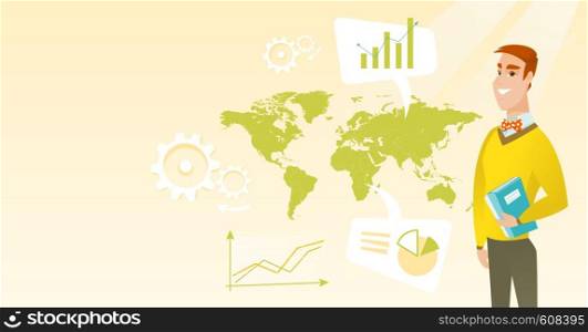 Businessman taking part in global business. Businessman standing on the background of world map. Global business and business globalization concept. Vector flat design illustration. Horizontal layout.. Businessman working in global business.