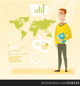 Businessman taking part in global business. Businessman standing on the background of world map. Global business and business globalization concept. Vector flat design illustration. Square layout.. Businessman working in global business.