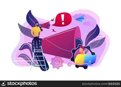 Businessman talk in megaphone with exclamation point. Draw attention, attention span and take note, requiring attention concept on white background. Bright vibrant violet vector isolated illustration. Draw attention concept vector illustration.