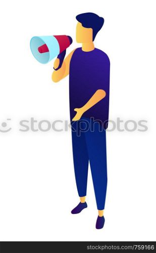Businessman talking into megaphone, tiny people isometric 3D illustration. Promotion and advertising, broadcast and attention, marketing and speaker concept. Isolated on white background.. Businessman talking into megaphone isometric 3D illustration.