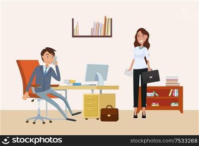 Businessman talking on mobile phone and client vector. Appointment of woman and boss, director of company discussing issues on cell and businesswoman. Businessman Talking on Mobile Phone and Client