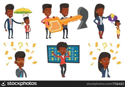 Businessman talking on mobile phone on the background of display of stock market quotes. Happy stockbroker at stock exchange. Set of vector flat design illustrations isolated on white background.. Vector set of business characters.