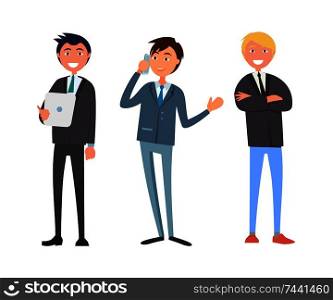 Businessman talking on phone, business partners vector. Co-workers of boss, discussion of problems, calls and making decisions. Meeting of directors. Businessman Talking on Phone, Business Partners